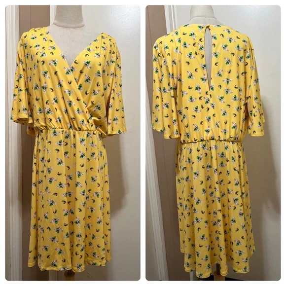 Alexia Admor Oakless Flutter Sleeve Fit & Flare Yellow Ditzy Floral Dress XL NWT - Picture 10 of 10